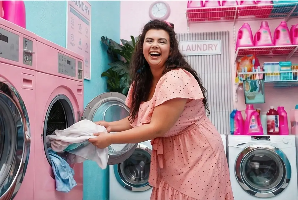 Pink Happily Doing Laundry